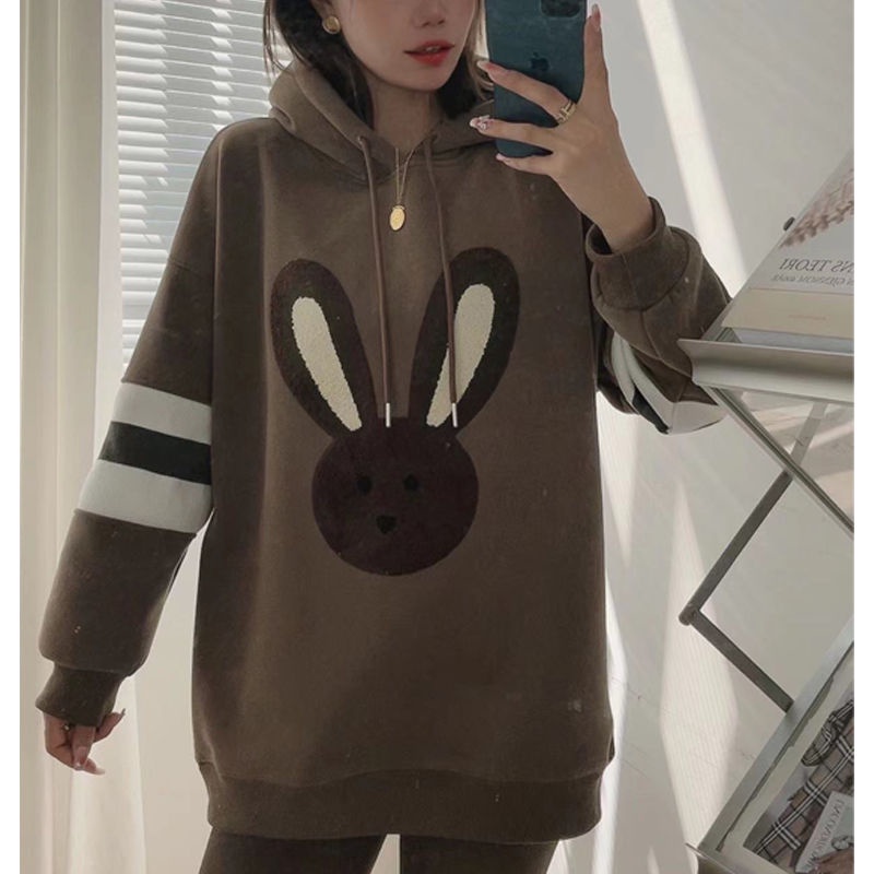 Áo Hoodie Nhung Dày Chui Đầu Cổ Tròn In Hình Thỏ Hoạt Hình Phối Màu Tương Phản Thời Trang Thu Đông 2023