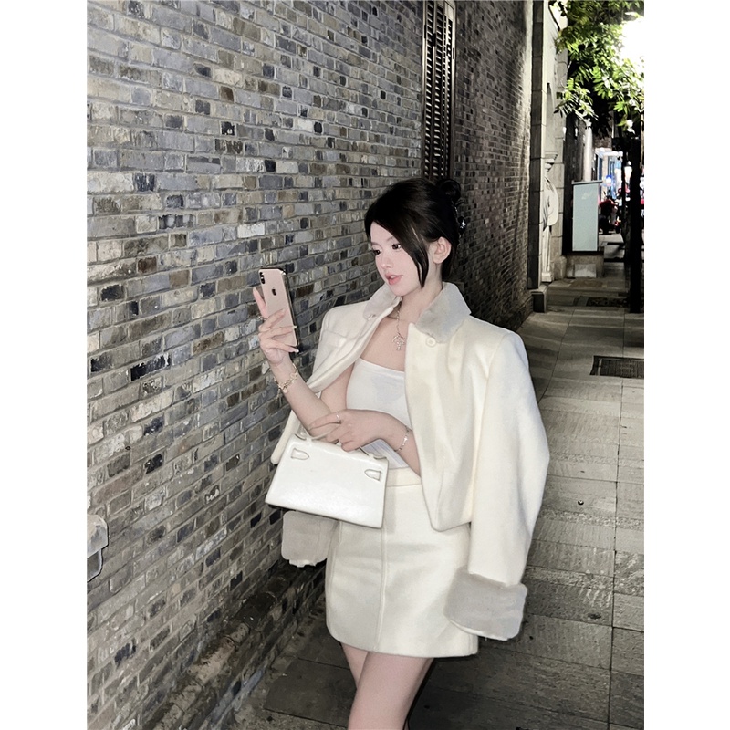 Áo khoác nữ phối lông dáng ngắn dài tay hàng Quảng Châu cao cấp phong cách sang trọng thanh lịch ngọt ngào 2023