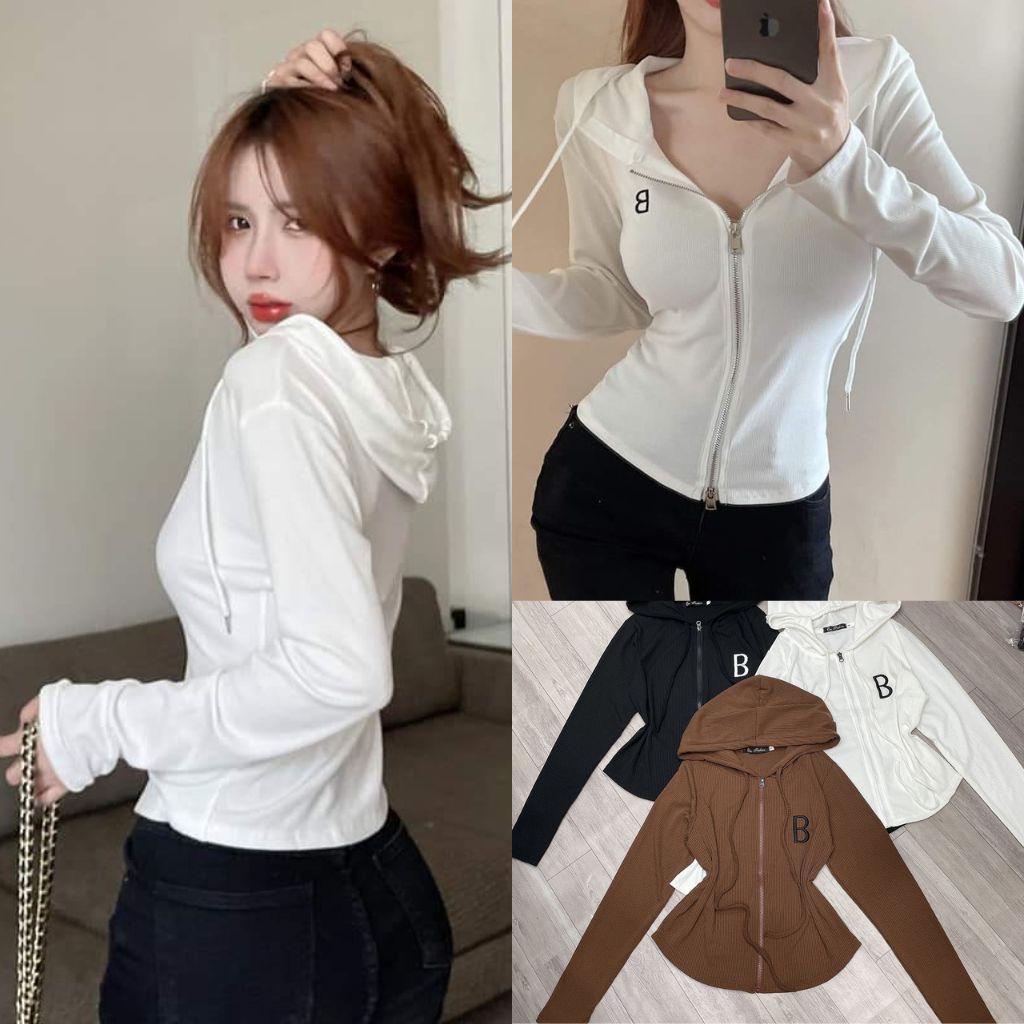 Áo Khoác chống nắng Tay Dài Bigsize nữ in chữ B khóa kéo có mũ trùm đầu Chất Gân Tăm Lên Phom Dễ Thương G25