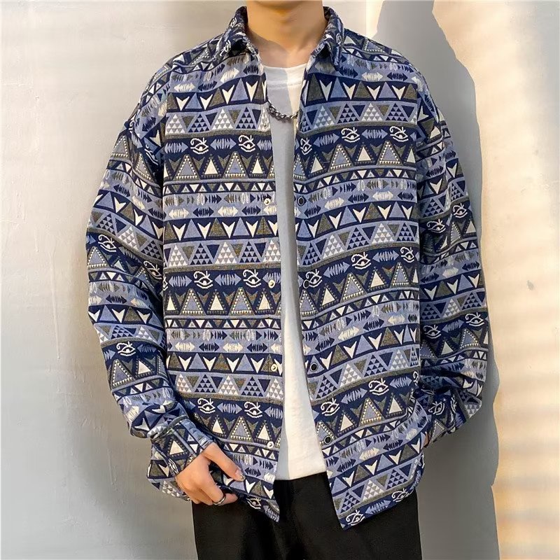 Autumn winter men's long-sleeved lining m-3xl harajuku style retro woven thêu áo sơ mi rời phong cách nhật bản hợp thời trang ruffian đẹp trai áo khoác giản dị