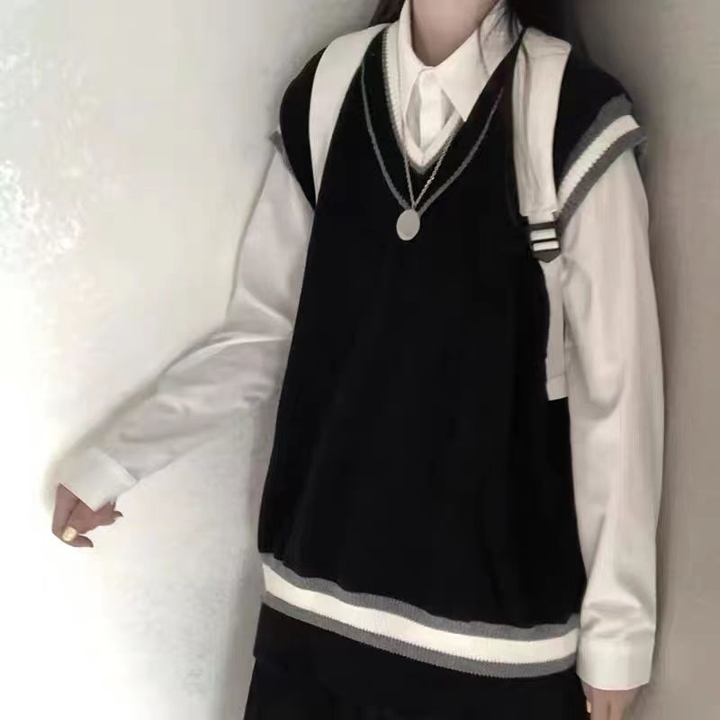 Áo Dệt Kim Không Tay Dáng Rộng Cổ Chữ V Màu Sắc Tương Phản Phong Cách Retro Nhật Hàn Dành Cho Nữ