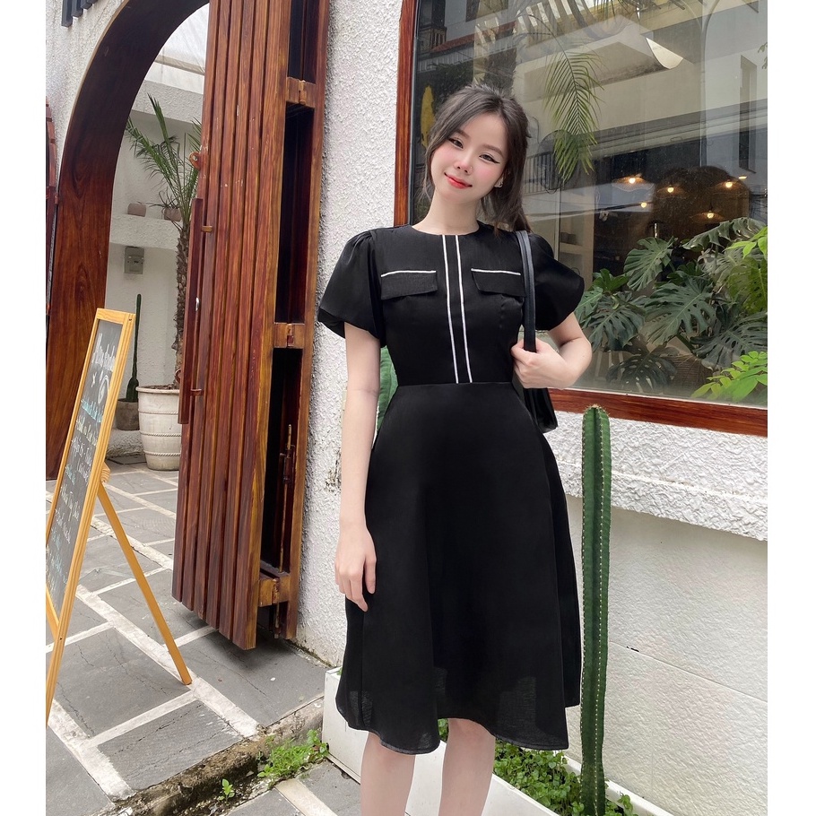 Đầm đen công sở đẹp thanh lịch thiết kế cao cấp dáng xòe nhẹ tay phồng xinh đi làm đi tiệc eo tôn dáng che bụng – Lux W