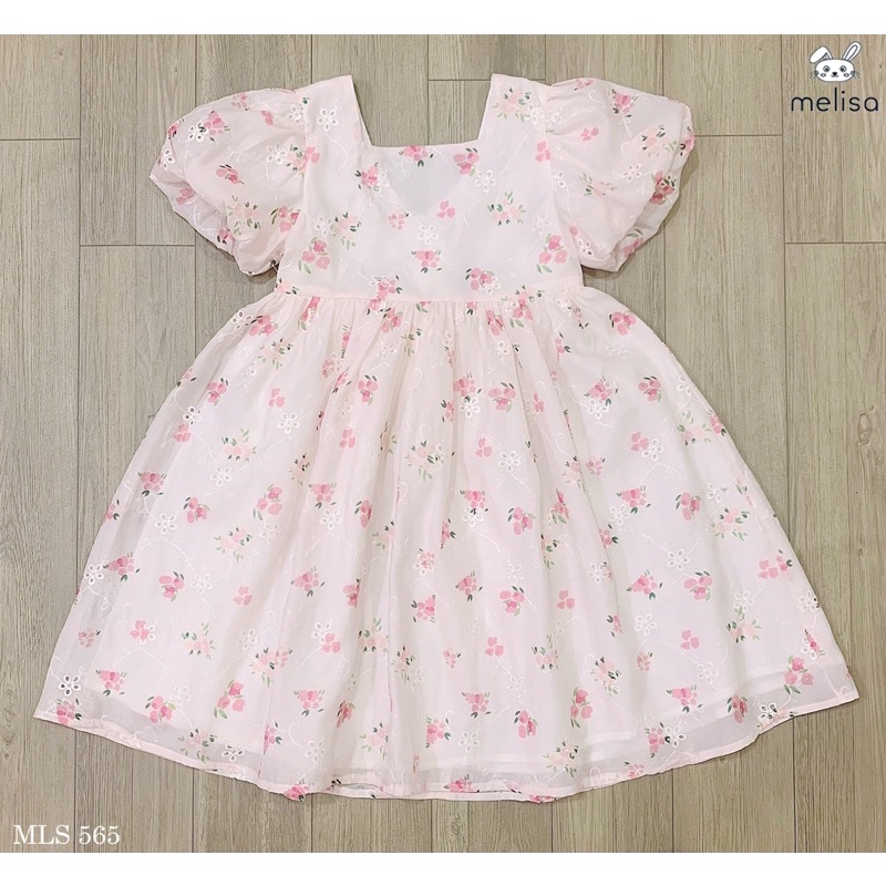 Đầm Melisa hồng hoa nhí tay bồng hồng chất tơ thêu