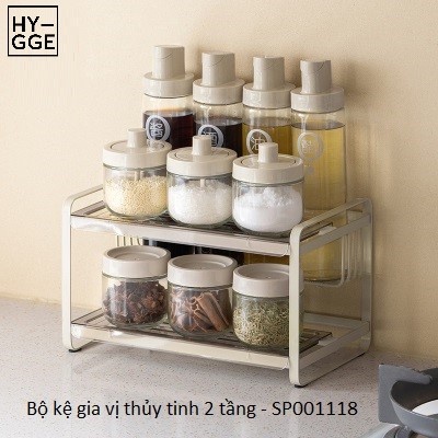 Bộ kệ gia vị thủy tinh, bình chiết dầu hai tầng màu trắng cao cấp Hygge (10 món)