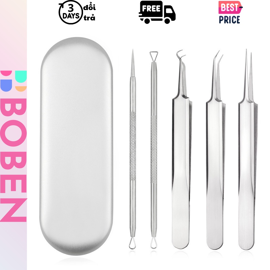 Bộ Dụng Cụ Nặn Mụn 5 Món combo 5 chi tiết nặn mụn gồm 2 loại que nặn mụn 3 loại  nhíp đầy đủ
