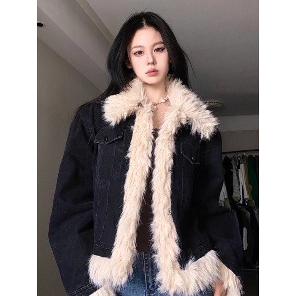 Áo Khoác Jeans Lót Lông Ở Viền Áo Có Túi, Áo Khoác Lông cho nàng phong cách Hàn quốc