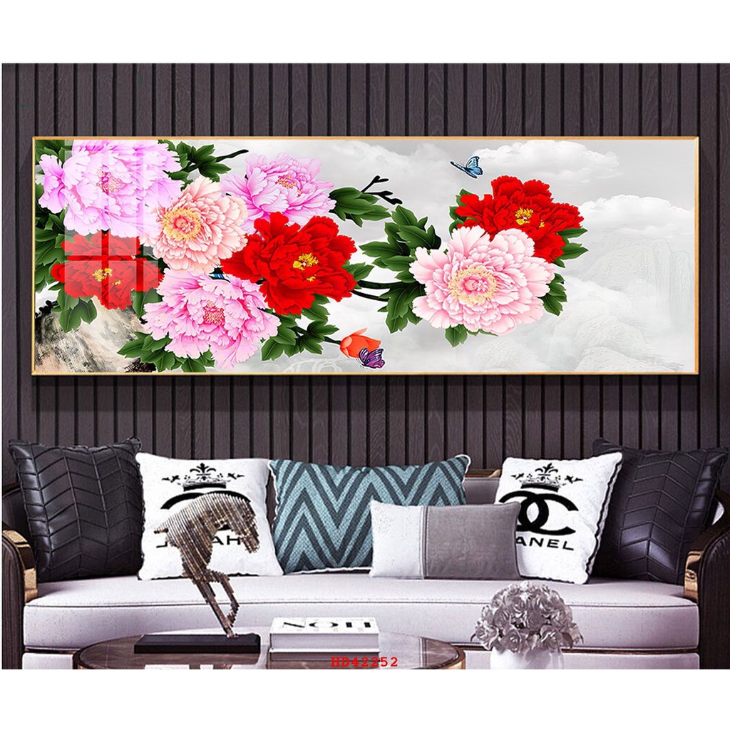 Tranh canvas treo tường 8 hoa mẫu đơn khỏ ngang 120 x 40 cm