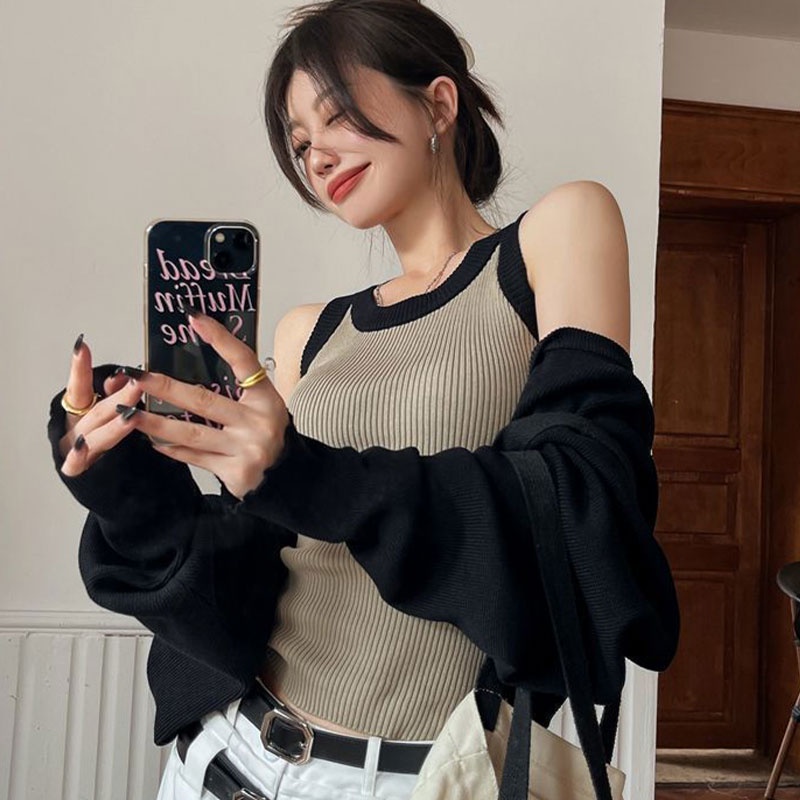 Bộ áo XINLANYASHE gồm áo khoác dệt kim tay phồng dài dáng rộng màu tương phản thời trang dành cho nữ