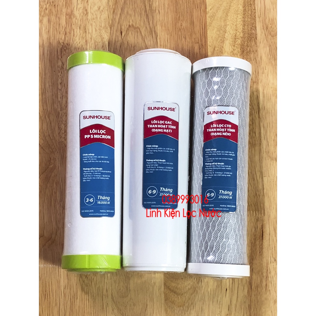 Bộ 3 lõi lọc nước 123 CTO Sunhouse than hoạt tính khử nước nhiễm clo