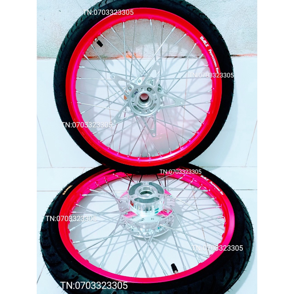 CẶP BÁNH CĂM RAIDER SATRIA NIỀN NHÔM DALE. BAN ZAI .SOLUTE .SH THÁI HỒNG .KÈM VỎ CAMEL THÁI 50.60 VỚI LÒNG NGÔI SAO .