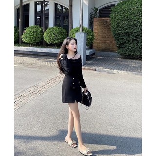 SET ÁO ĐEN CHÉO CHÂN VÁY NÚT ĐỒNG