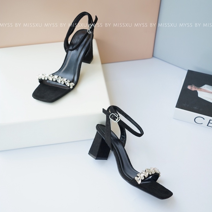 Giày sandal nữ quai ngang phối đá gót trụ 5 cm cao cấp MYSS - SD170