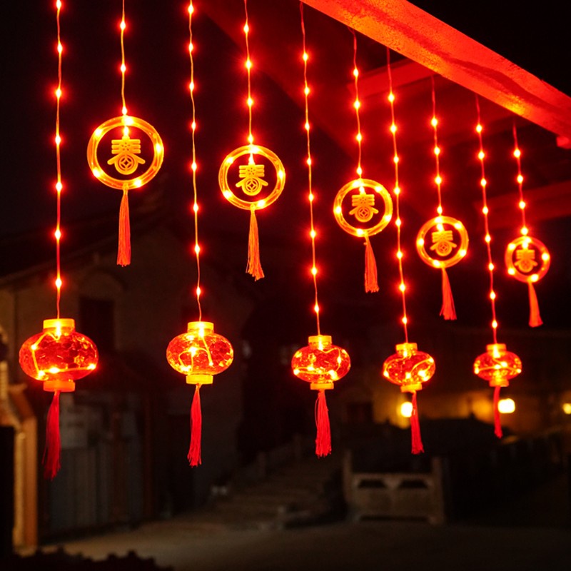 Đèn lồng trang trí Tết có đèn led gắn chữ Phúc thả mành dài 3m 8 chế độ sáng khác nhau cực kỳ đẹp bắt mắt đón tết 2023