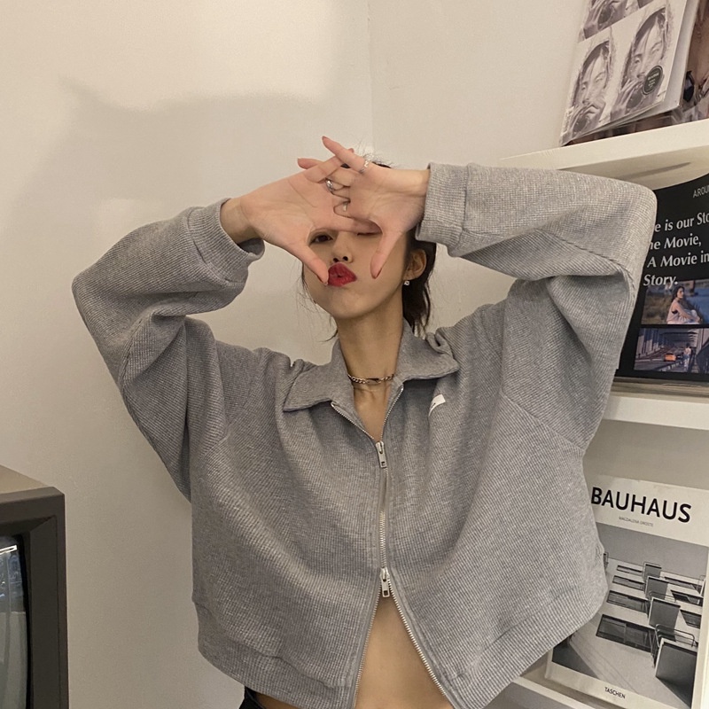 IELGY IELGY Áo Khoác Tay Dài Có Khóa Kéo Đôi Phong Cách Hàn Quốc Thời Trang Cho Nữ