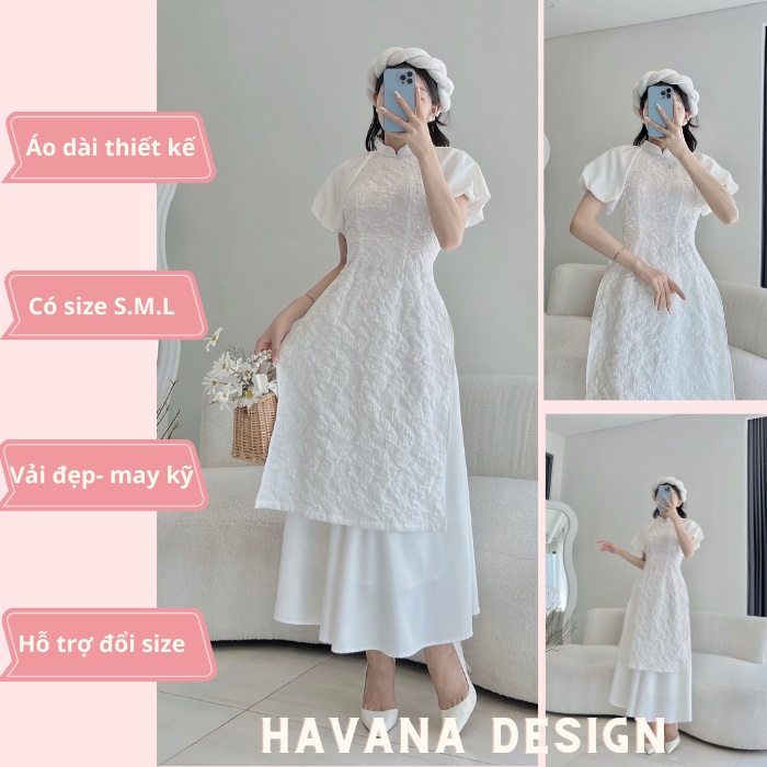Áo dài tay phồng cách tân phối váy, hàng thiết kế có size, chất vải gấm xốp phối tay phồng, phom xinh