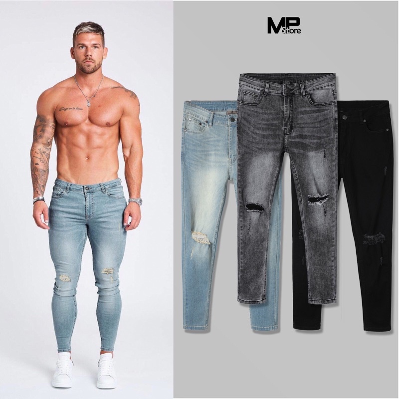 Quần skinny jean Spar.tan chất co giãn cho gymer - Rách