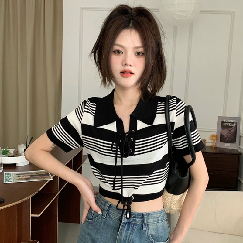 Áo XINLANYASHE ngắn tay họa tiết kẻ sọc màu sắc tương phản thời trang mùa hè cho nữ