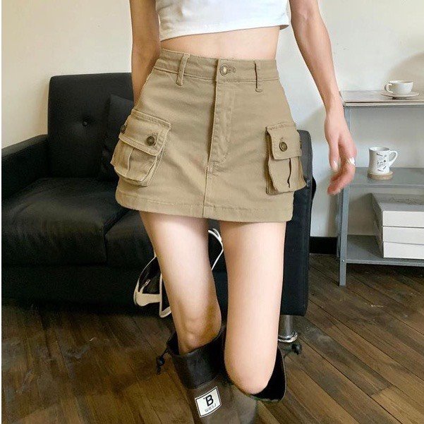 Chân váy kaki túi hộp Cargo màu camel cá tính, có lót trong an toàn 059 FIORI STORE