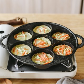 Chảo gang đúc chống dính tự nhiên làm bánh khọt, bánh căn 7 lỗ dùng cho bếp từ, bếp gas, lò nướng