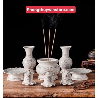 Bộ đồ thờ cúng hoa sen , bình bông , lưu hương , đĩa , áng