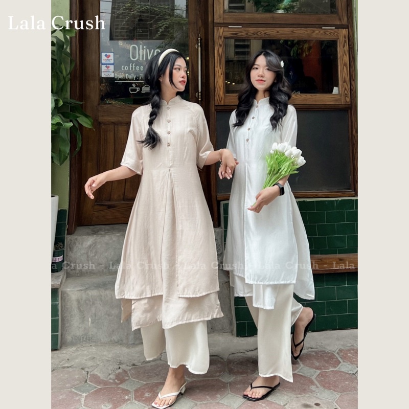 Áo dài cách tân tơ tencel phối satin cho dịp lễ tết LalaCrush
