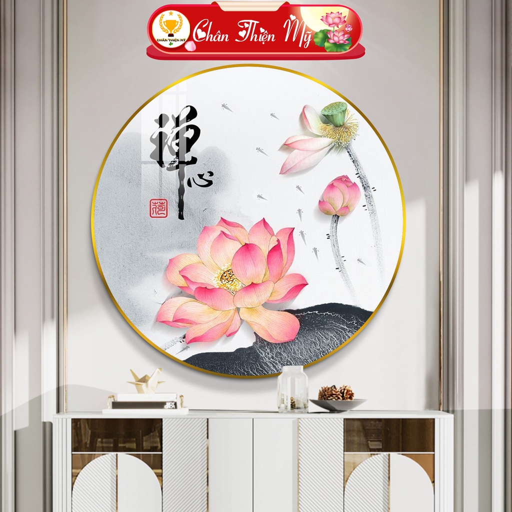 Tranh Tráng Gương Pha Lê Tròn CHÂN THIỆN MỸ, Decor Treo Tường Trang Trí Phòng Hoa Sen TG-T1-177