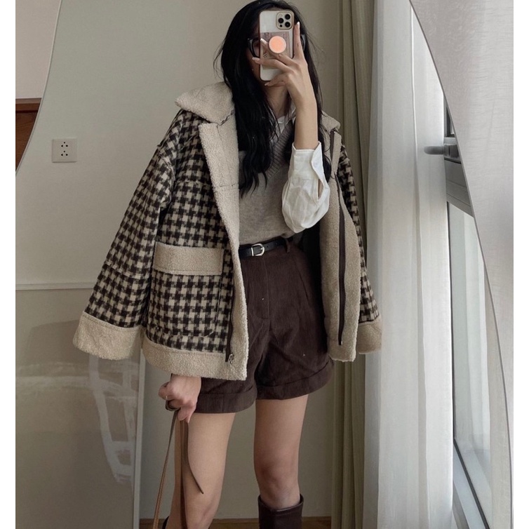 Áo khoác dạ hoạ tiết caro lót lông cừu kẻ nâu phong cách Hàn Quốc hàng quảng châu