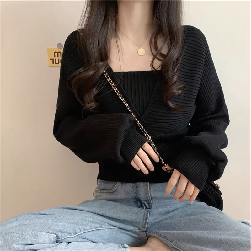 Áo Khoác Cardigan Tay Rơi Ghép Set Kèm Áo Quây Đen Trắng