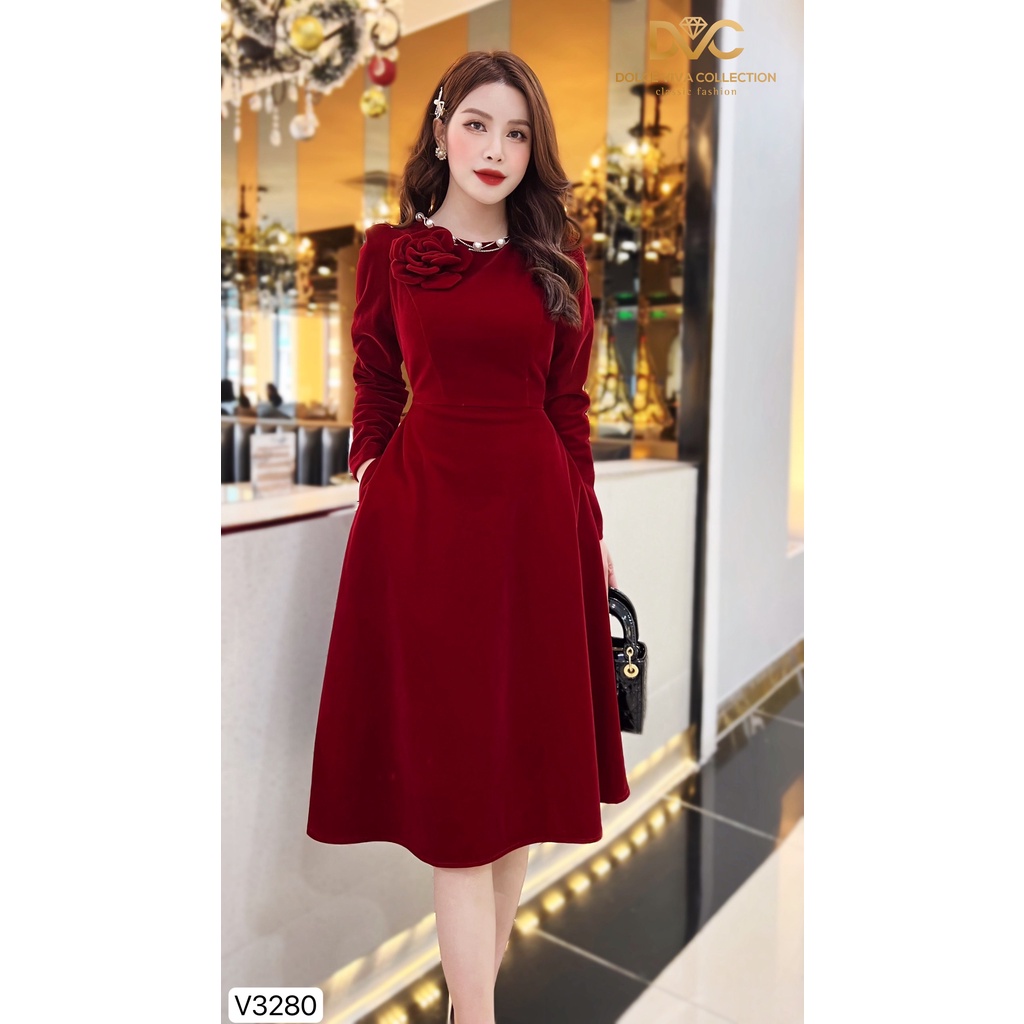 VÁY NHUNG ĐỎ VAI ĐÍNH HOA HỒNG V3280 - DVC