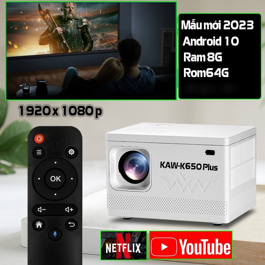 Máy chiếu mini KAW k550 kết nối wifi bluetooth, độ phân giải full 1080p, trọng lượng 1,5kg