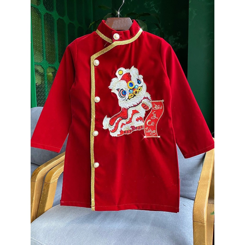 Áo dài cách tân bé trai thêu kỳ lân 10kg đến 28kg màu đỏ