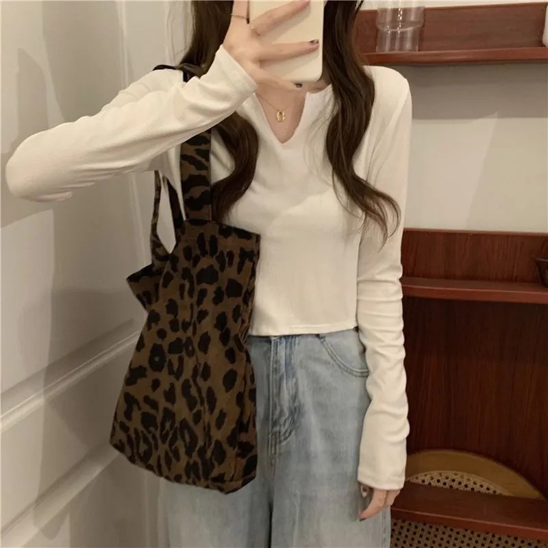 Áo thun SUXI tay dài cổ chữ V dáng ôm thời trang mùa thu phong cách Hàn Quốc cho nữ