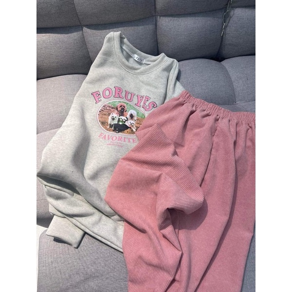 Set Bộ Nỉ Thu Đông Foruyes, áo nỉ Sweater tay bồng kèm quần suông nhung tăm hồng