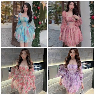 Đầm voan hoa cột dây tay phồng mẫu mới siêu HOT