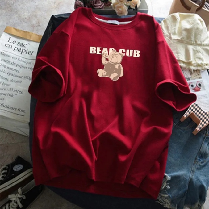 Áo thun SUXI tay ngắn dáng rộng dày dặn in họa tiết chú gấu dễ thương thời trang thu đông cho nữ