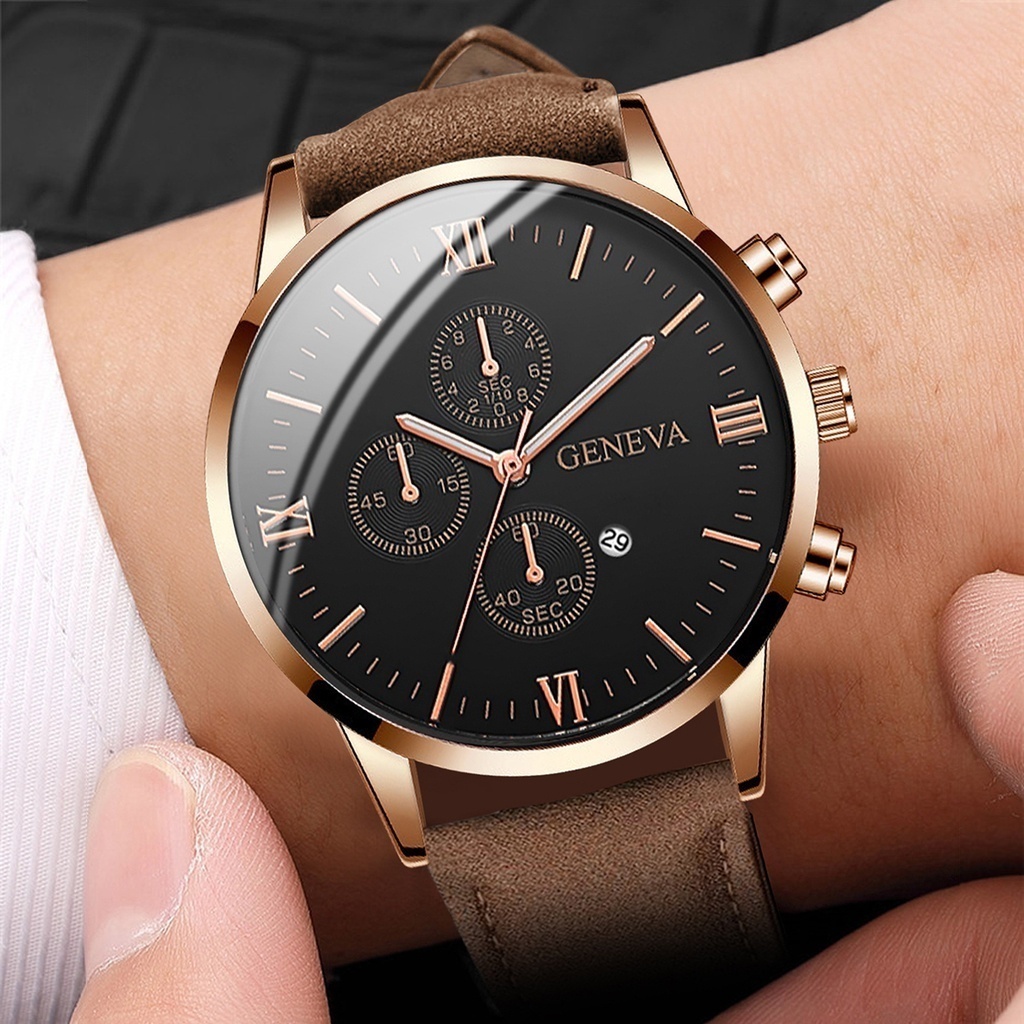 Đồng Hồ Quartz Nam Hiển Thị Ngày Dây Da Geneva