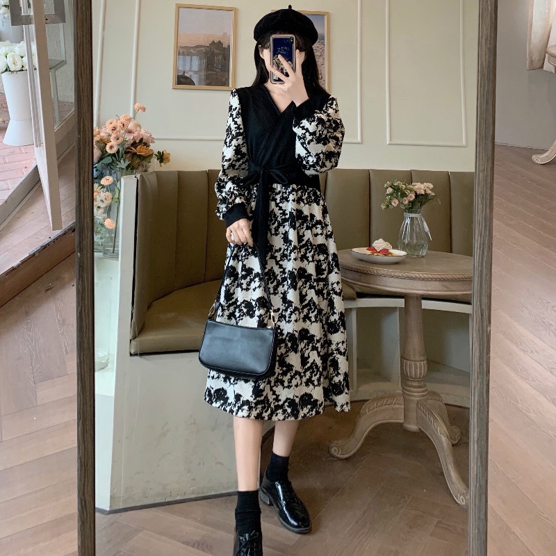 Đầm Hoa Tay Phồng Lưng Cao Thời Trang Mùa Thu Hàn Quốc Cho Nữ