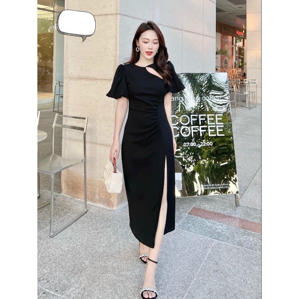 ĐẦM TRẮNG CỔ TRÒN CẮT XẺ ĐÙI  DÚNG EO THÍCH HỢP ĐI TIỆC ĐI CHƠI TRẮNG ĐEN