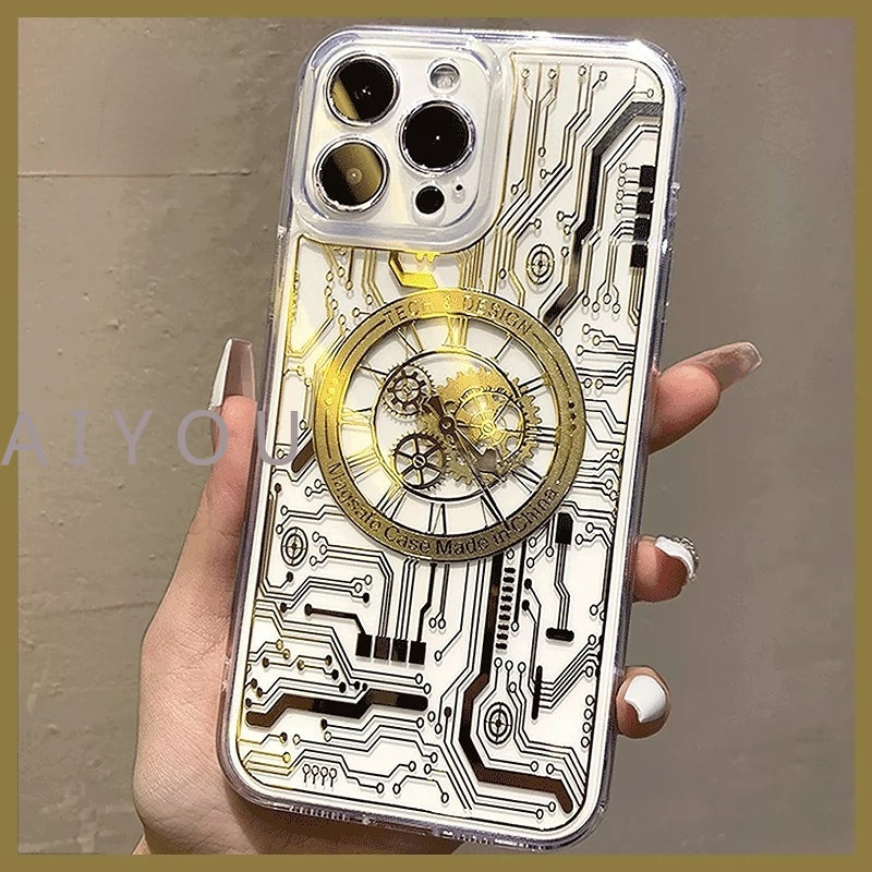 Ốp Điện Thoại TPU Trong Suốt Họa Tiết Đồng Hồ 3D Từ Tính Chống Sốc Cho iPhone 14 Pro Max 13 12 Pro
