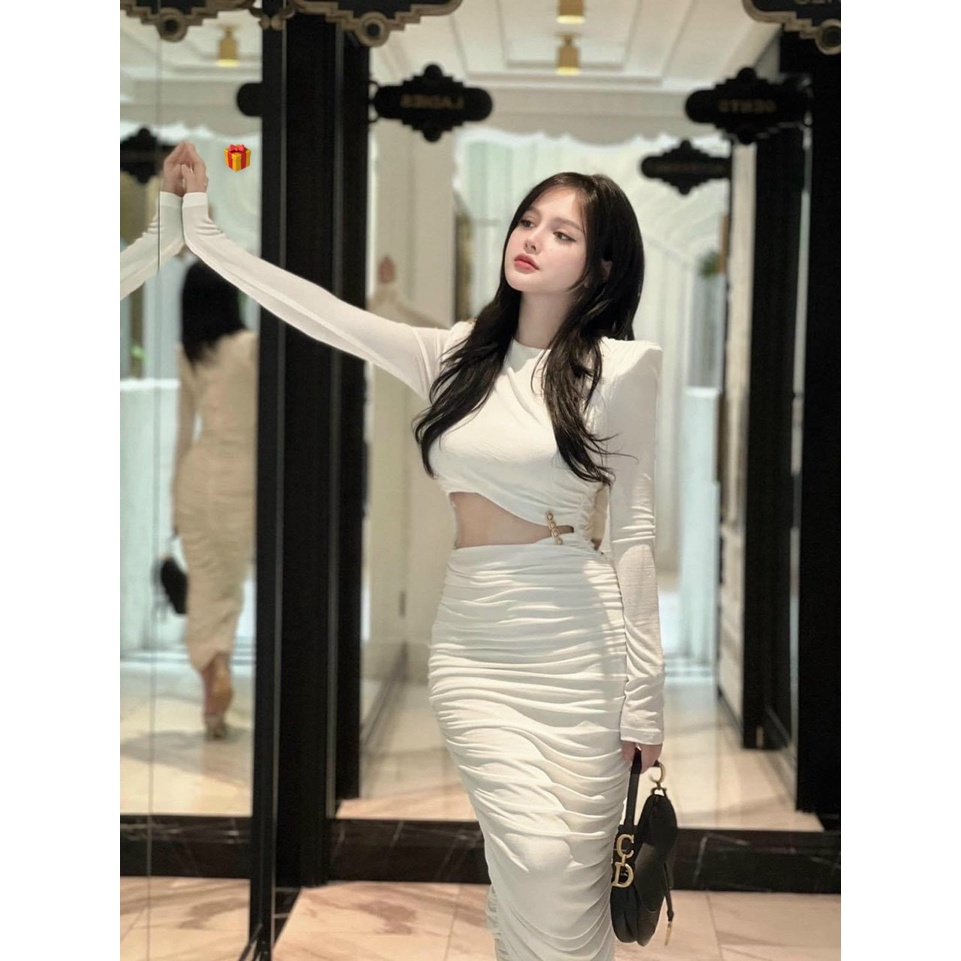 Đầm kiểu nữ body tay dài khoét eo chất thun gân bún nhún phối đính nút xinh hot