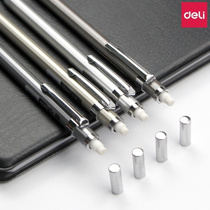 Bút chì kim học sinh Deli S001 kèm đầu tẩy ngòi 0.5mm - Vỏ kim loại chống gỉ bảo vệ ngòi chì