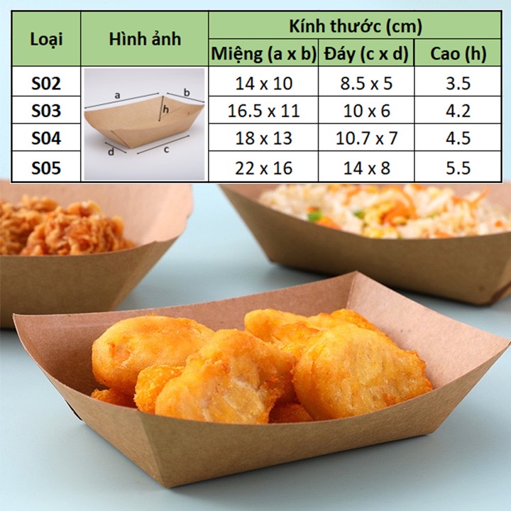 Combo 100 Khay giấy kraft dáng thuyền đa dạng size (5Size), đựng cá viên, đồ ăn nhanh,...