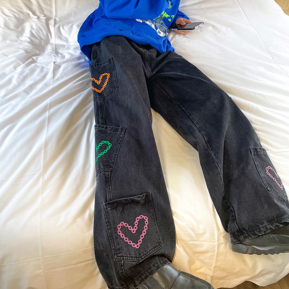 Quần jean COZOKC lưng cao in họa tiết cá tính hợp thời trang