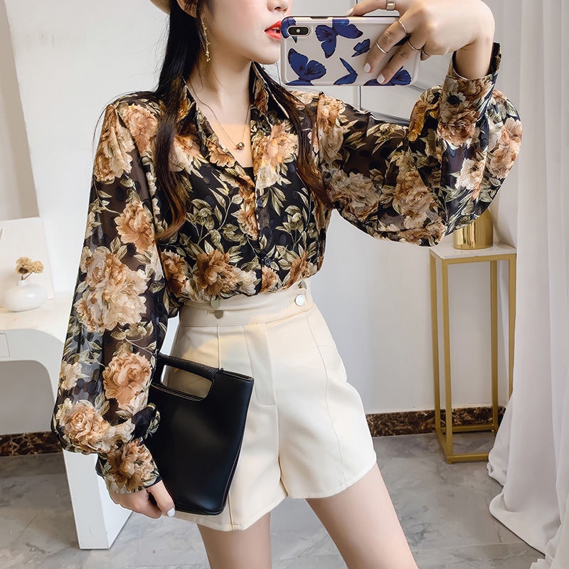Áo Sơ Mi Chiffon Tay Dài Dáng Rộng In Họa Tiết Hoa Thời Trang Cho Nữ