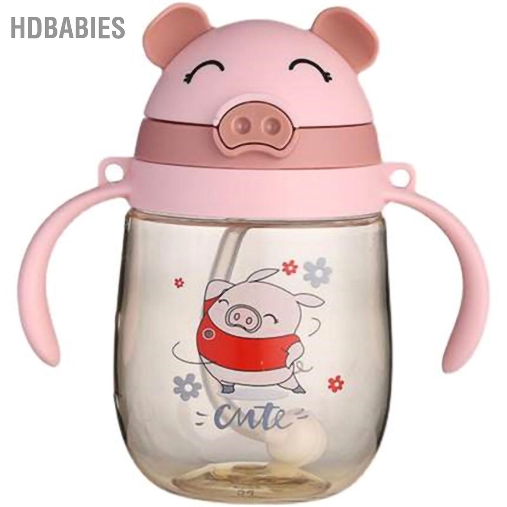 HDbabies Bình đựng nước Tay cầm đôi Cốc rơm bằng nhựa 350ml với dây đeo có thể điều chỉnh cho trẻ em