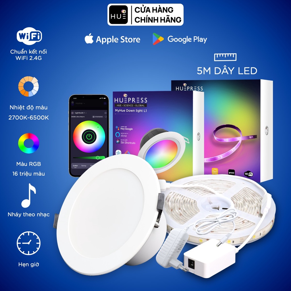 Bộ 2 sản phẩm bóng đèn LED âm trần và dây thông minh HuePress Bulb L1 Wifi RGBCW Wifi control