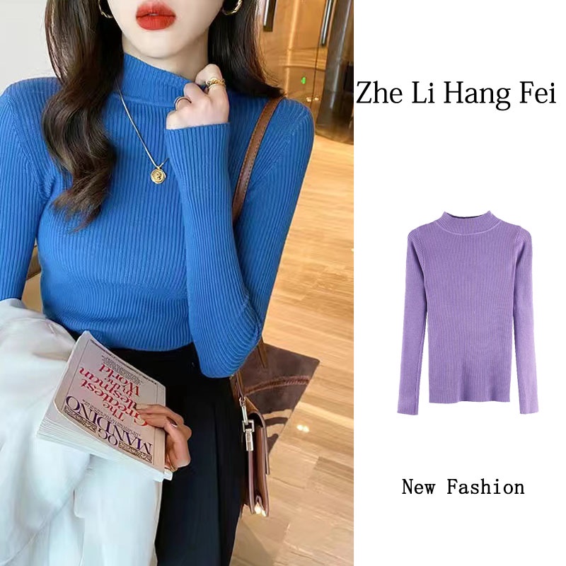 Áo sweater Zhelihangfei dệt kim ôm dáng dài tay cổ lọ trẻ trung cho nữ