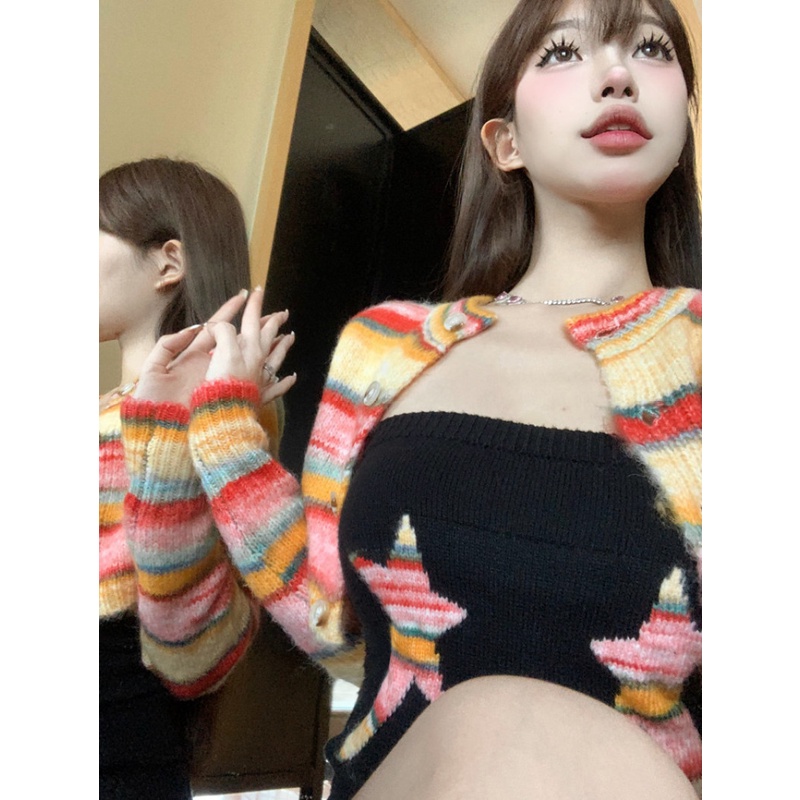 Đầm Dệt Kim Ôm Dáng Họa Tiết Kẻ Sọc Cầu Vồng Thời Trang Thu Đông Gợi Cảm Dễ Phối Đồ