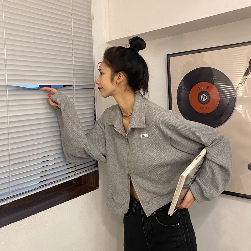 IELGY IELGY Áo Khoác Tay Dài Có Khóa Kéo Đôi Phong Cách Hàn Quốc Thời Trang Cho Nữ