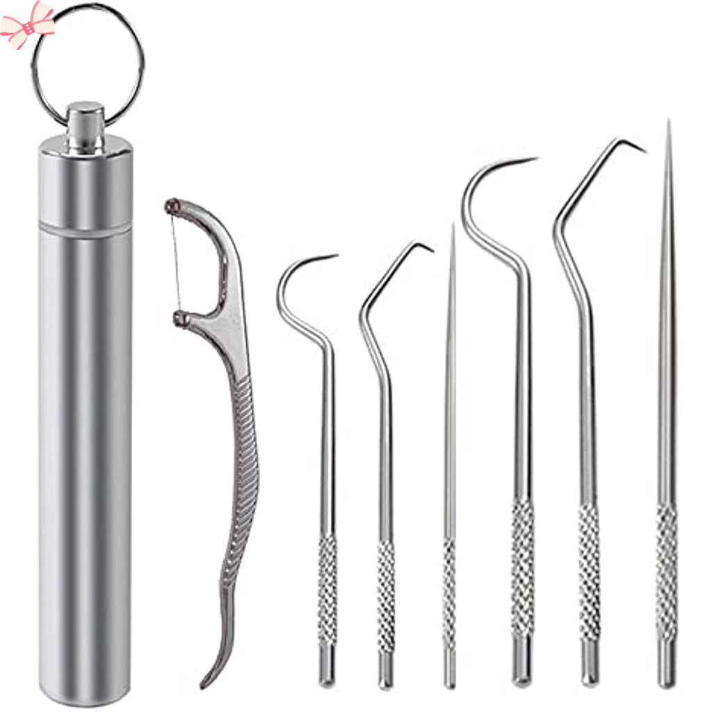 Tăm Xỉa Răng Bằng Thép Không Gỉ Tái Sử Dụng Tiện LợiBộ 7 Dụng Cụ Vệ Sinh Răng Kèm Giá Đỡ Tiện Dụng Mang Theo Du Lịch Cắm Trại